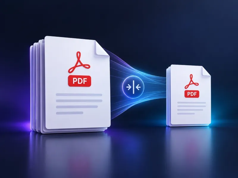 Compress PDF workflow showing a document being optimized to reduce file size