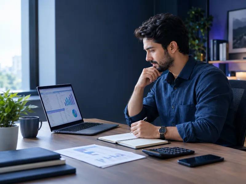 Business owner reviewing profit margin in calculator, sales revenue, and operating costs