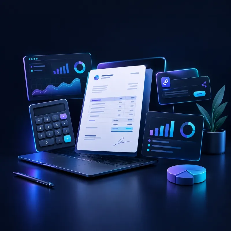 Business tools dashboard with invoice documents, financial calculations, charts, and marketing workflow